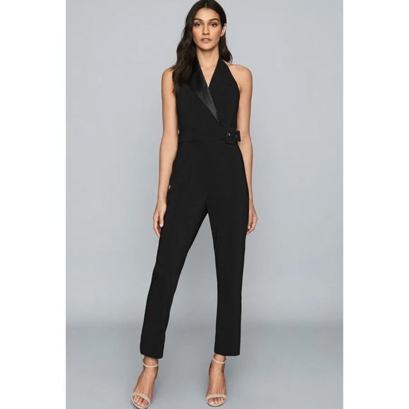 Reiss Pants - Reiss Belinda Tuxedo Halter‎ Jumpsuit 10 Black Satin Lapel Evening Wear